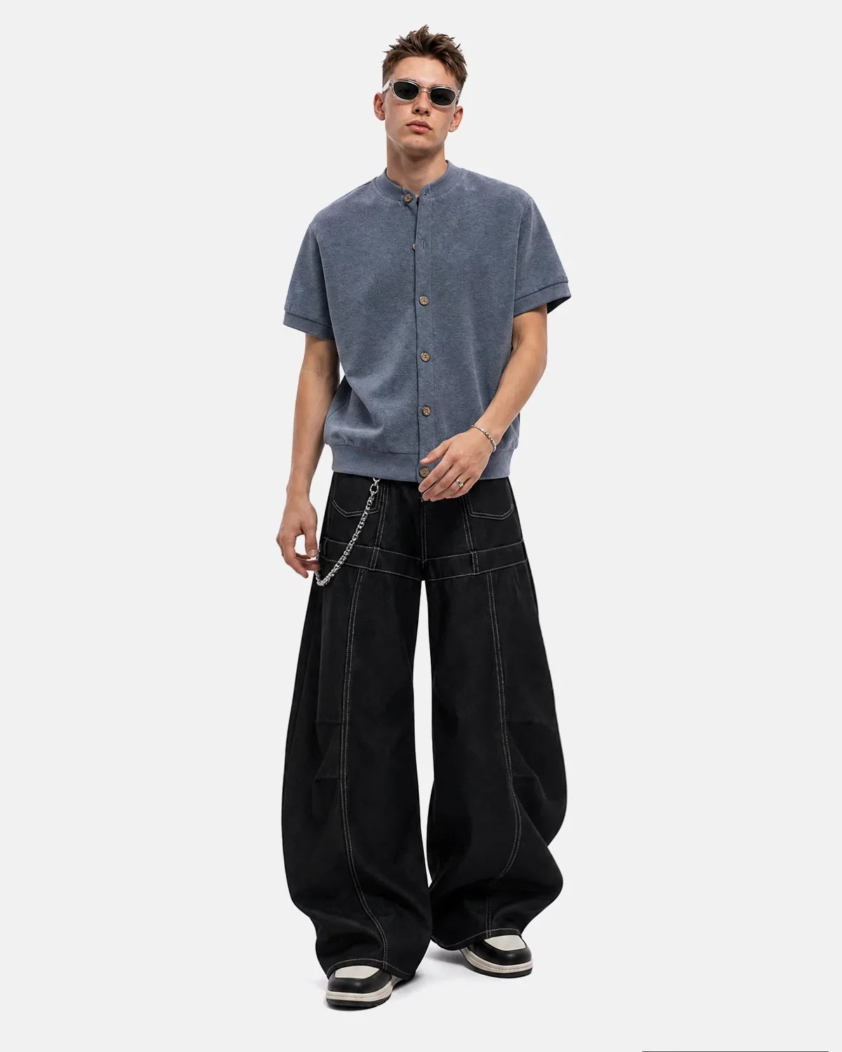 Inflation Contrast Stitch Baggy Barrel Jeans showing relaxed fit, contrast stitching, and classic denim look.