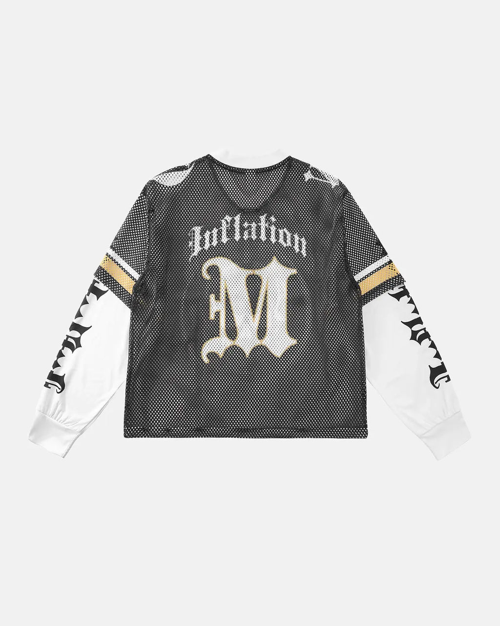Inflation Mesh Skeleton Print Long Sleeve Tee featuring a skeleton graphic on black mesh fabric, streetwear style.