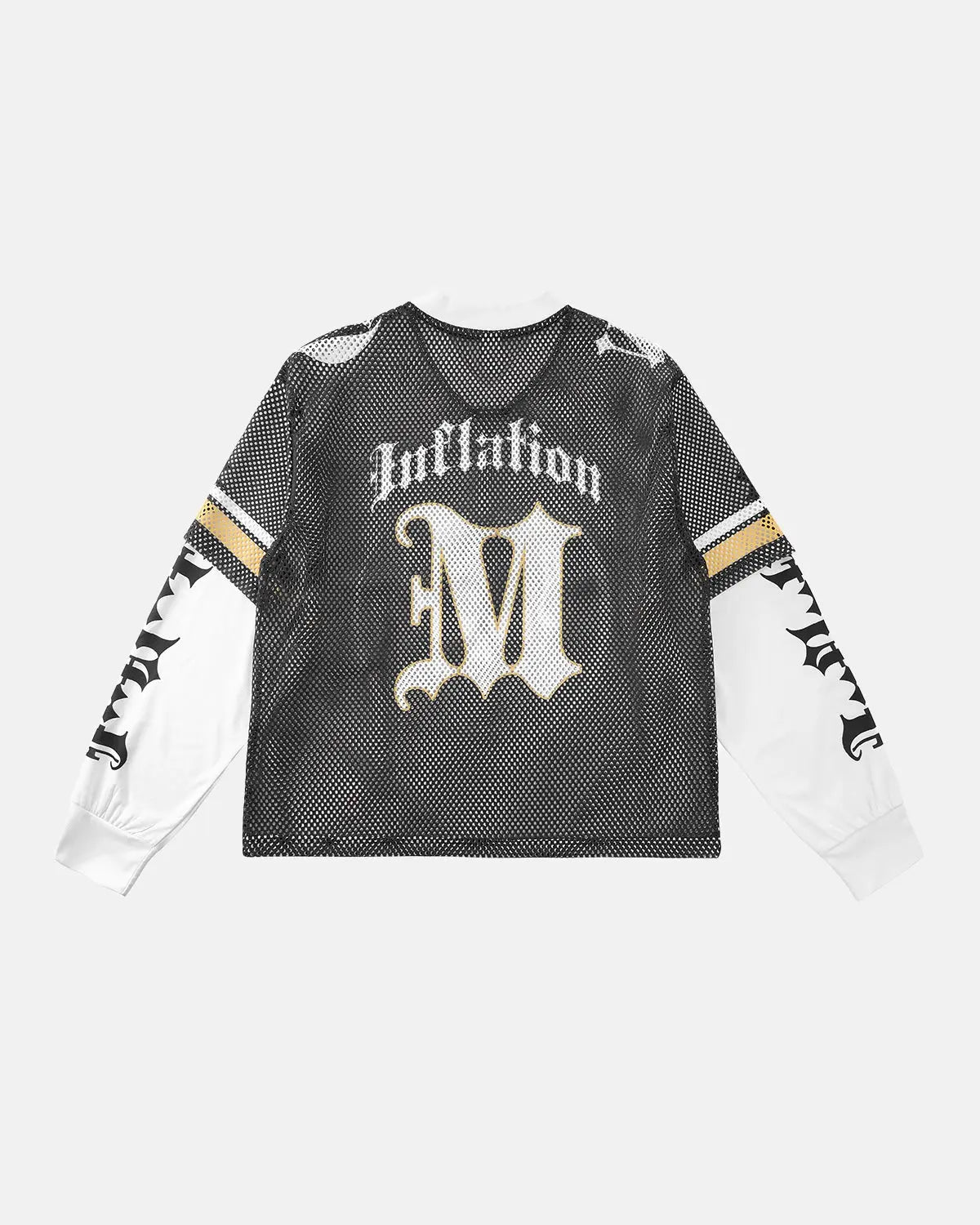 Inflation Mesh Skeleton Print Long Sleeve Tee featuring a skeleton graphic on black mesh fabric, streetwear style.