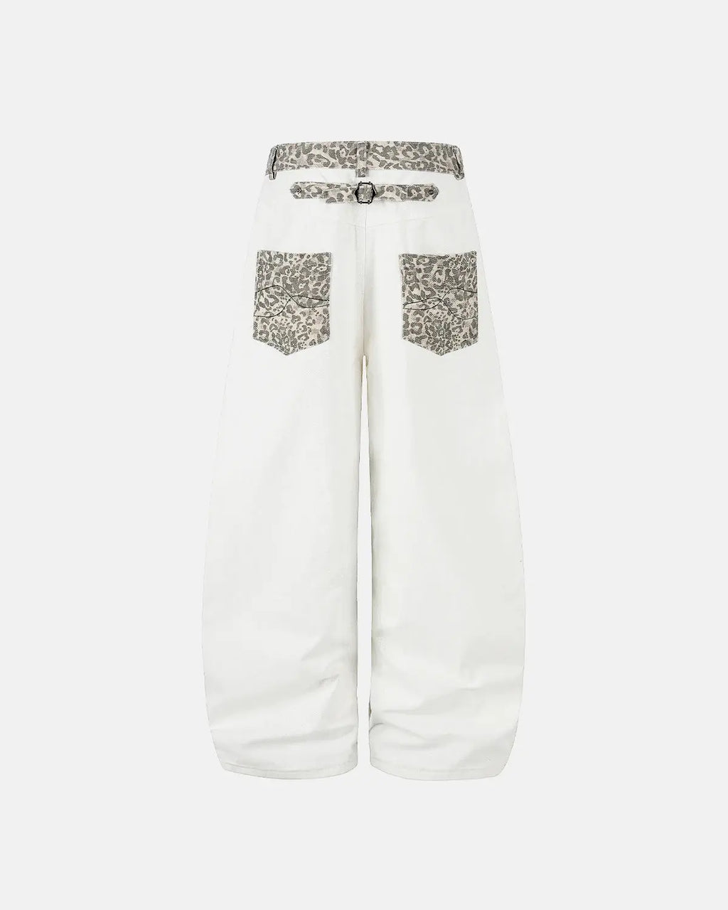 Leopard patch barrel jeans by INFLATION featuring trendy animal print patches on relaxed-fit denim.
