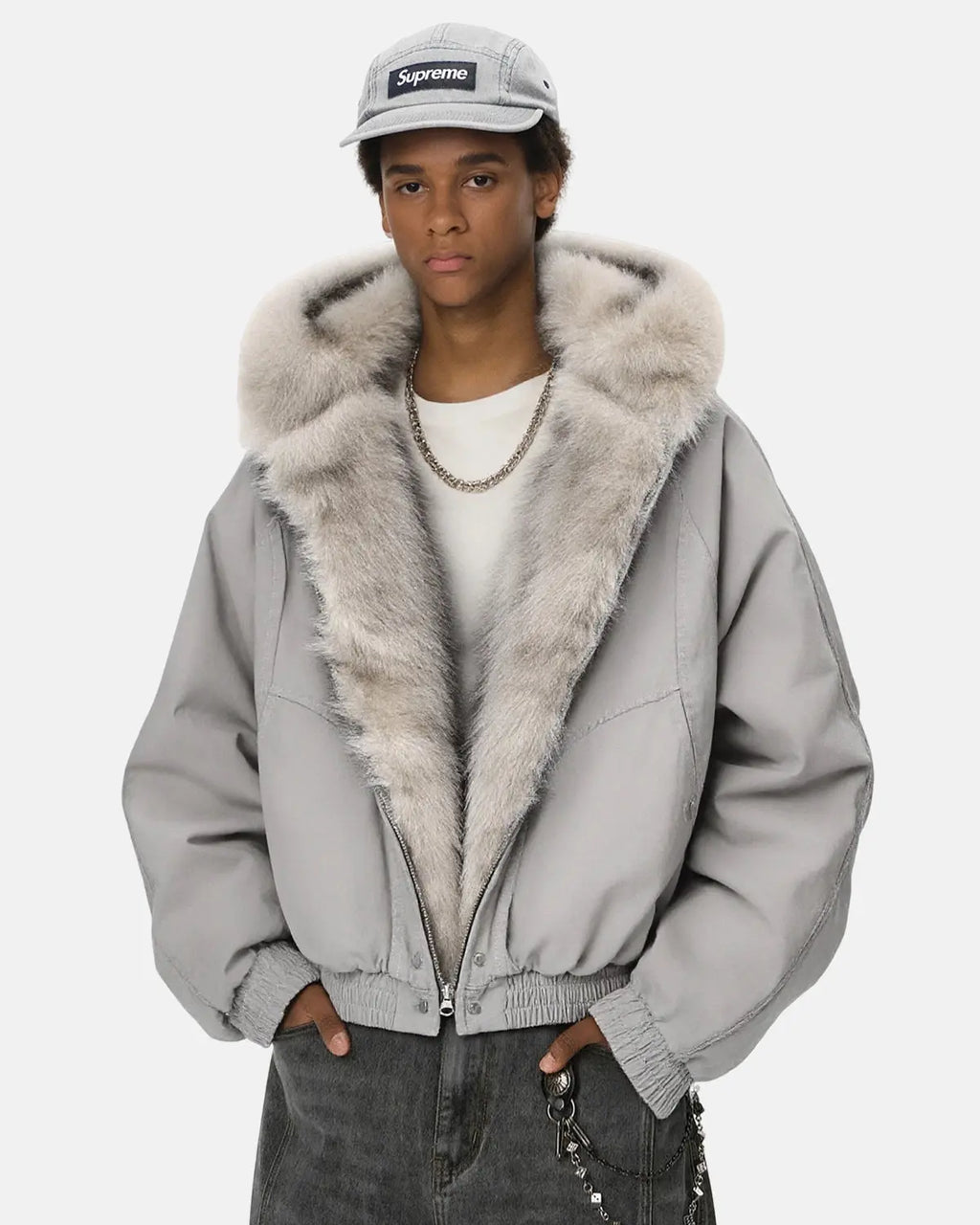 Inflation streetwear faux fur lined bomber hooded jacket with quilted design and zip closure, stylish outerwear for cold weather.