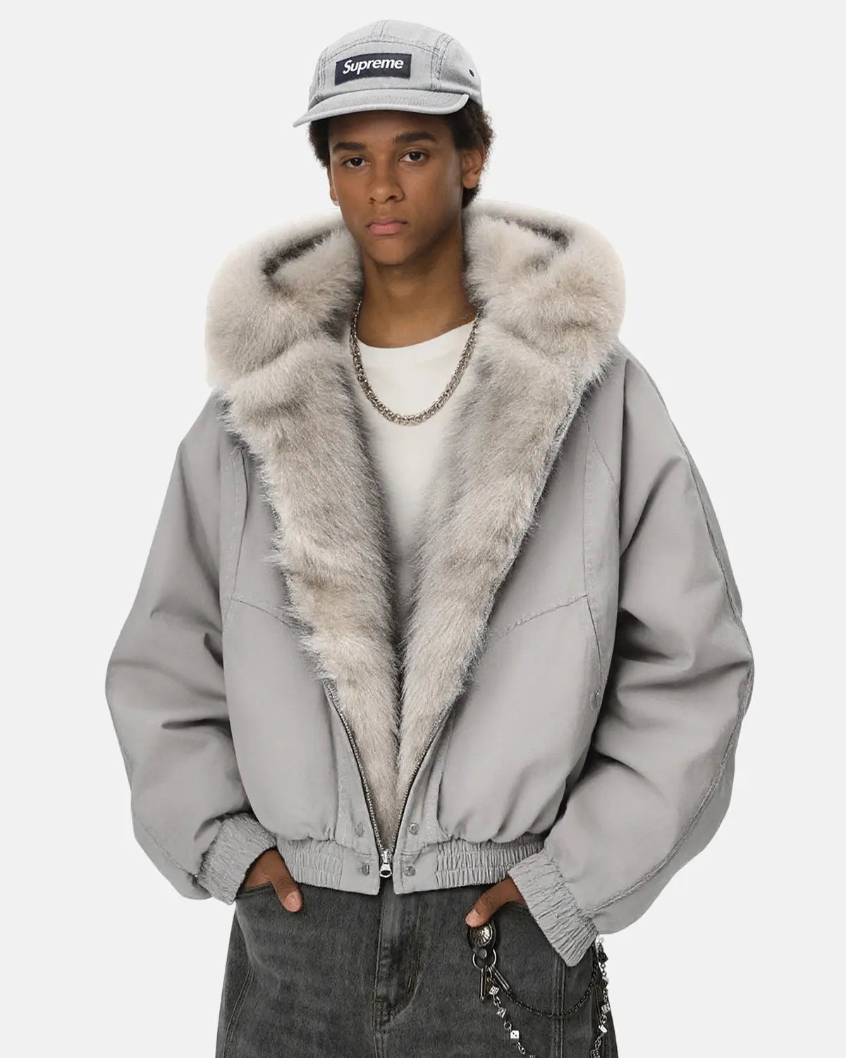 Inflation streetwear faux fur lined bomber hooded jacket with quilted design and zip closure, stylish outerwear for cold weather.