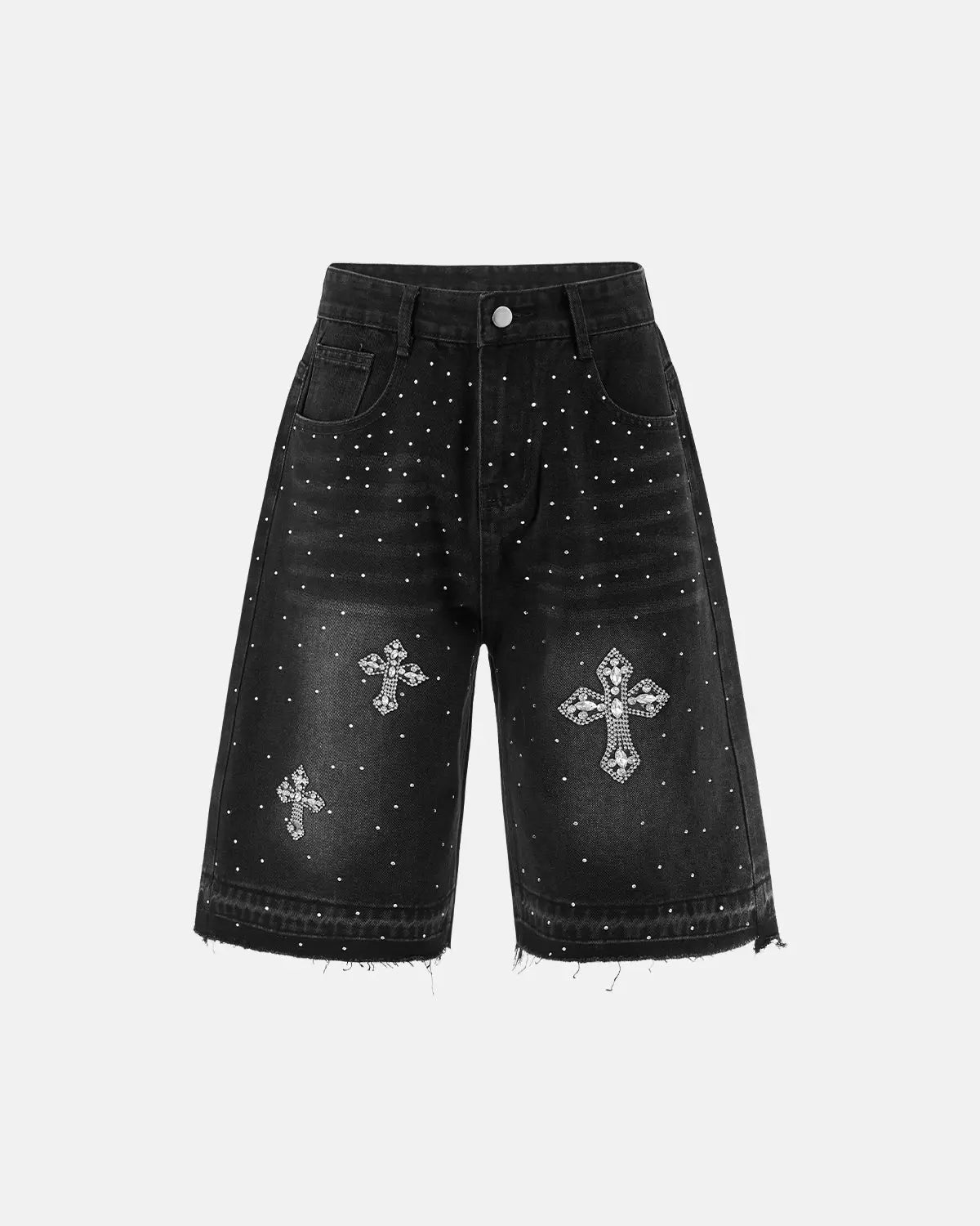 Inflation brand rhinestone-studded straight leg jorts, denim pants with sparkling rhinestone embellishments, stylish streetwear.