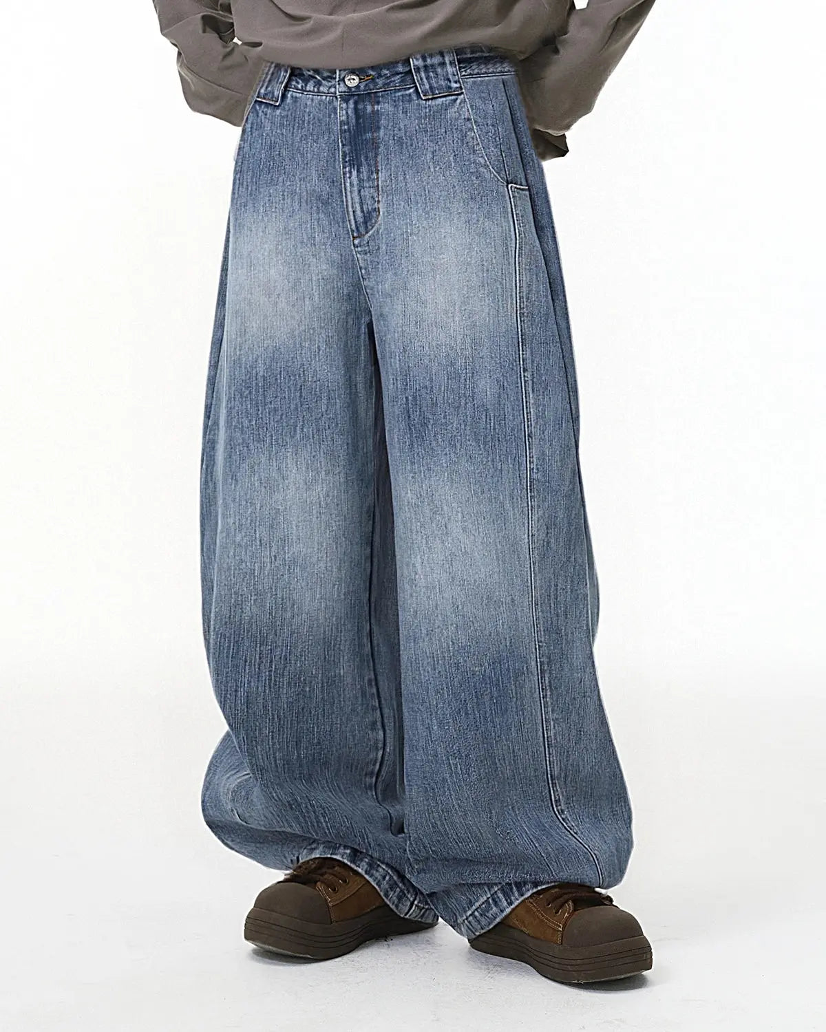 Bamboo weave barrel jeans by INFLATION Streetwear featuring a relaxed fit and unique textured fabric in a casual style.