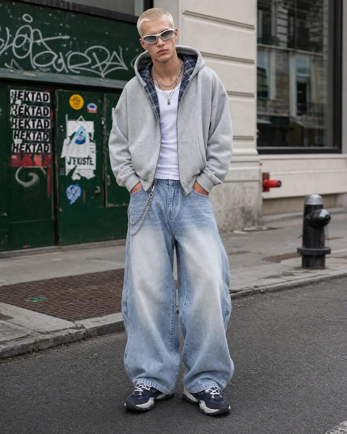 InflationUS Wave Washed Baggy Jeans, relaxed fit denim pants with a washed texture and casual style.