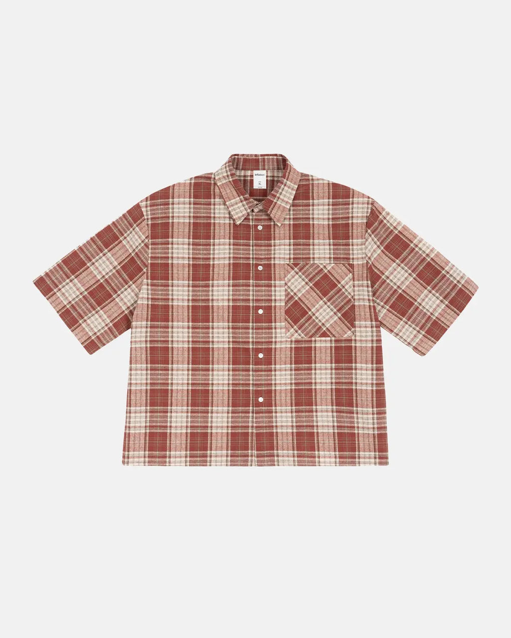 Flation boxy fit plaid shirt with a classic checkered pattern, featuring a collar, button-down front, and long sleeves.