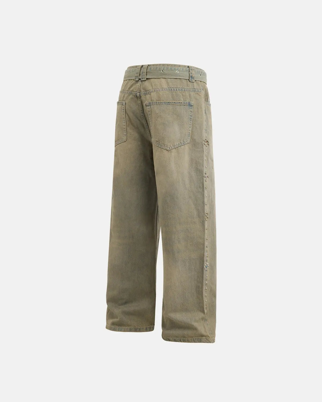Beaded studded washed baggy jeans from INFLATION Streetwear featuring a relaxed fit, distressed details, and decorative bead and stud embellishments.