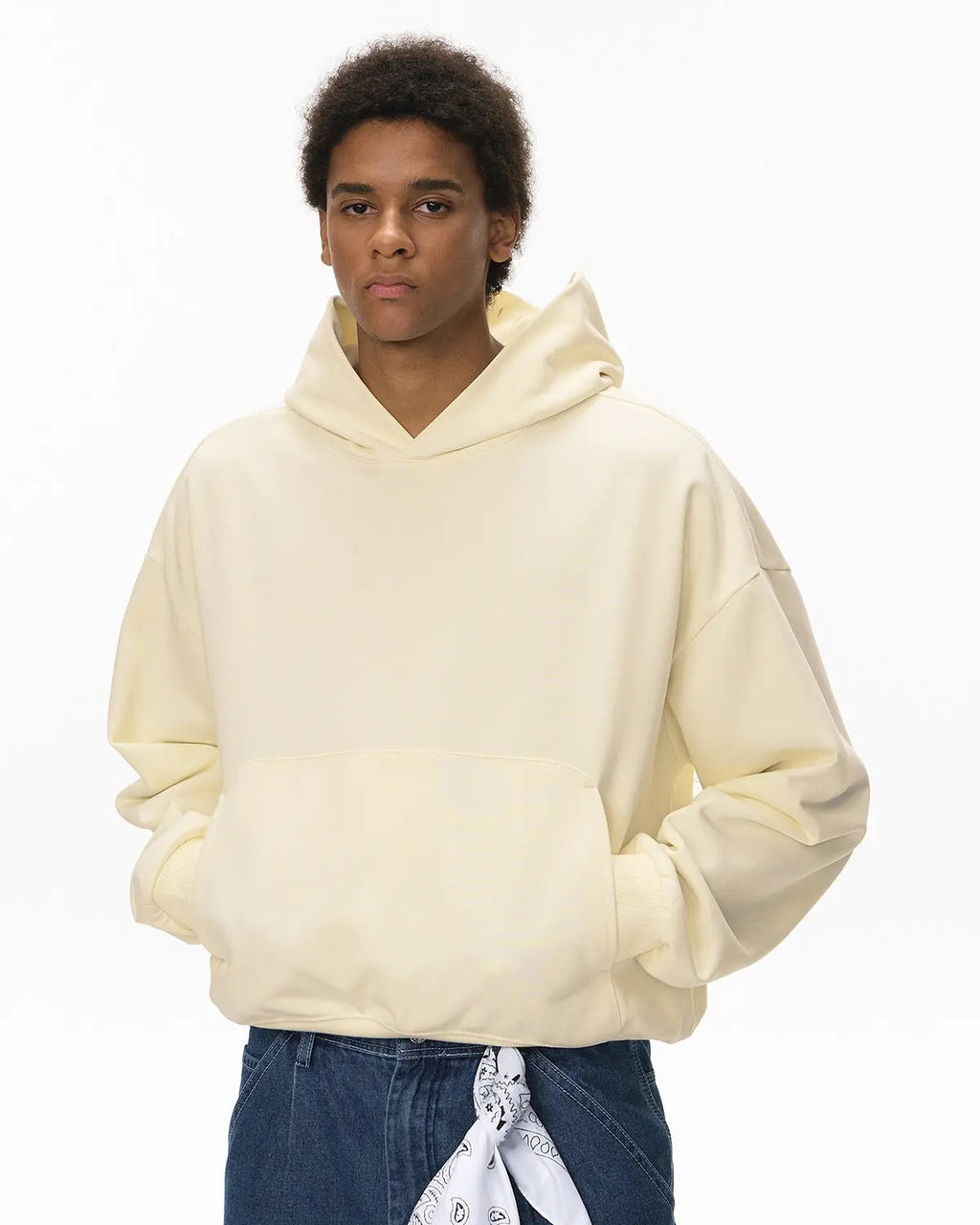Blank boxy fit French terry hoodie by Flation Streetwear, front view showing relaxed fit and casual style.