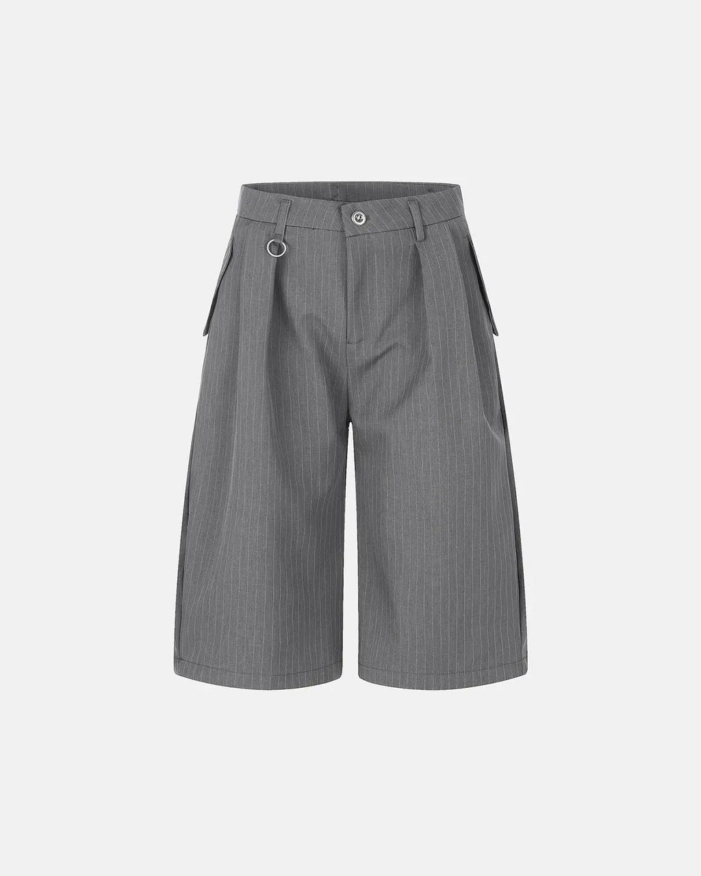 Inflation Streetwear pinstripe pleated tailored shorts with ring detail, featuring a high waist and structured fit.