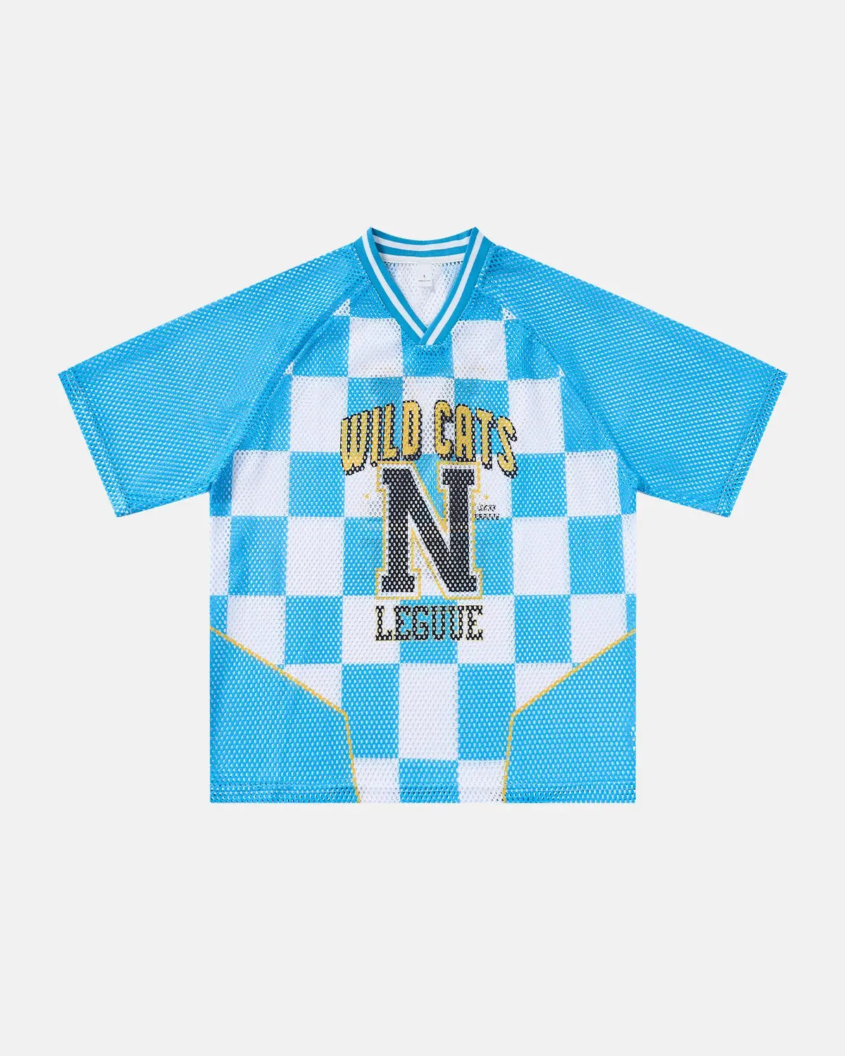 Inflation Streetwear varsity checkerboard mesh jersey featuring black and white pattern, with ribbed collar and sporty design.