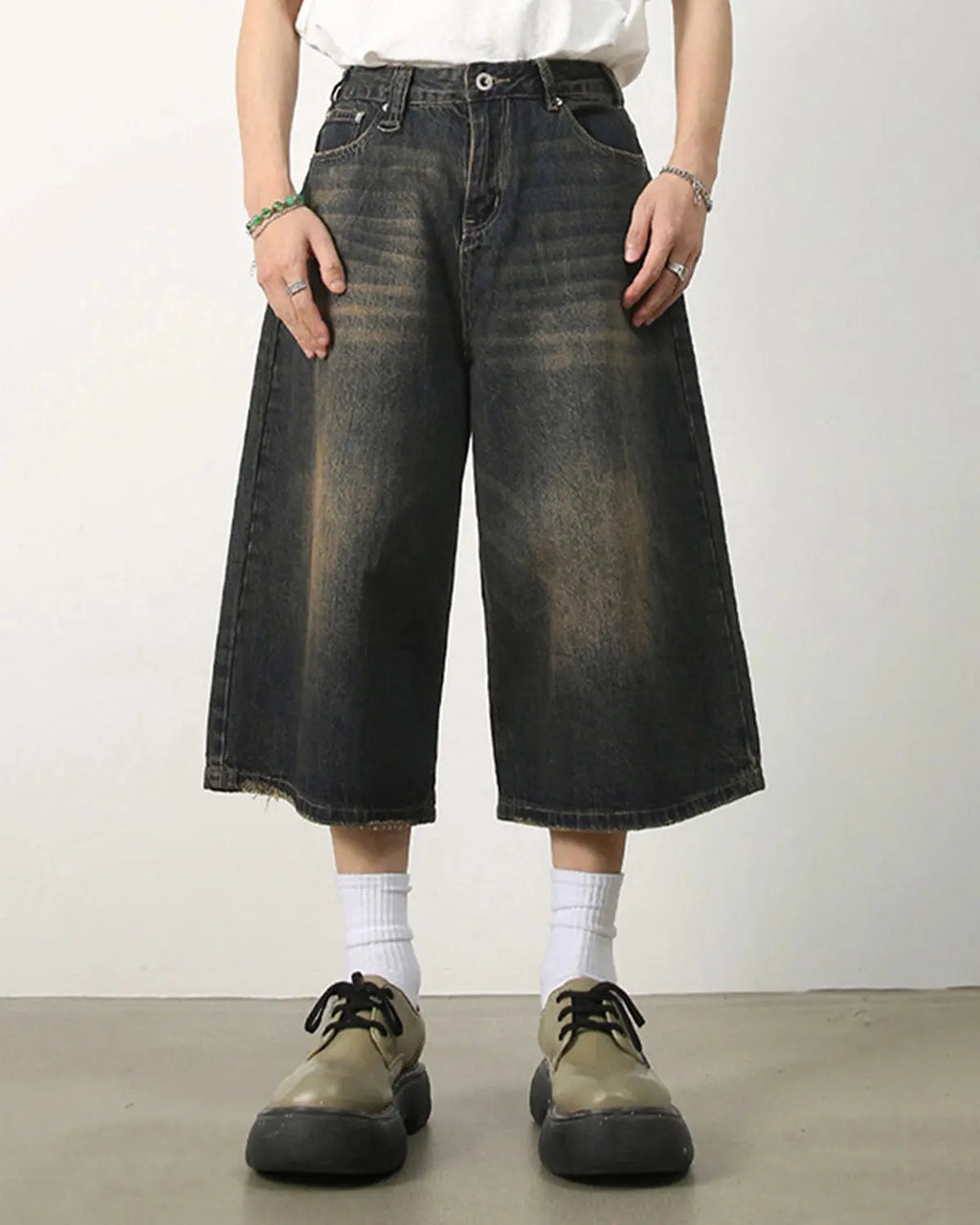 Baggy Jumbo Jorts by Flation Streetwear, showcasing oversized denim jorts with a relaxed fit and distressed details.