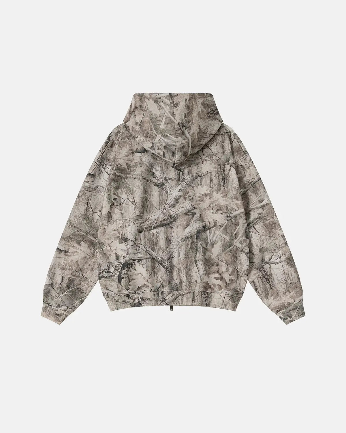 INFLATION Realtree camo zip-up hoodie with front pockets and adjustable drawstrings, casual streetwear style.