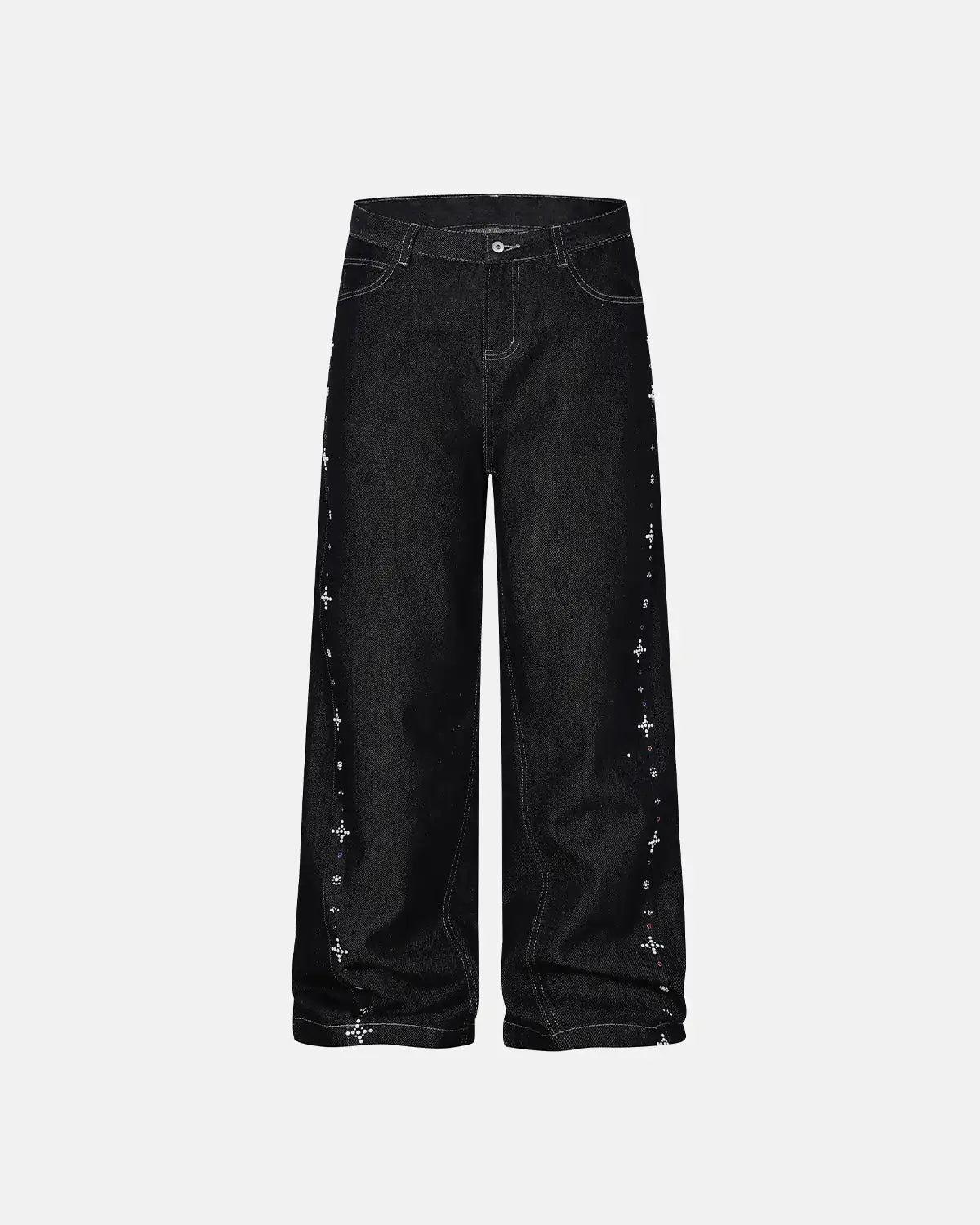 Inflation Studded Rhinestone Baggy Denim Jeans featuring rhinestone embellishments and a relaxed fit, styled as streetwear.