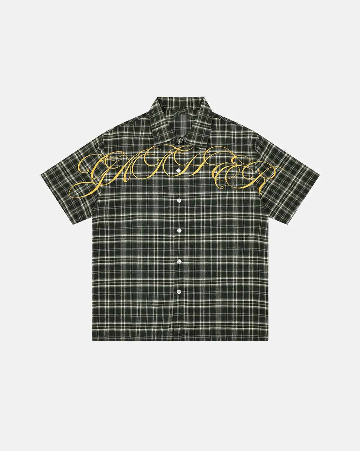 Inflation Streetwear lettering embroidery plaid shirt featuring bold letter design on a stylish button-up shirt.