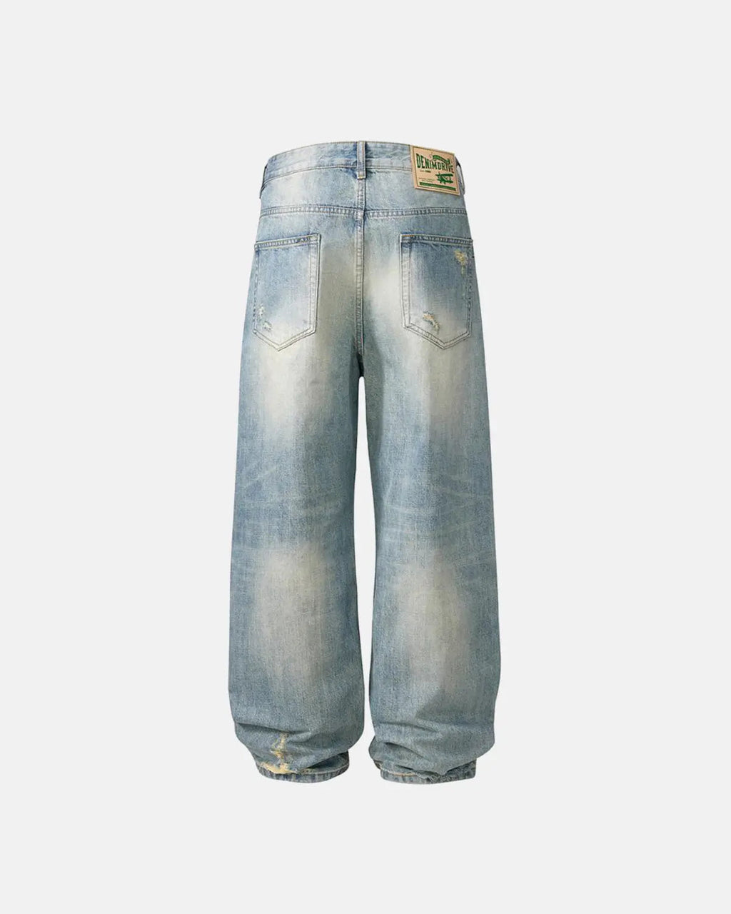 Distressed ripped straight-leg jeans by INFLATION, featuring a faded wash and frayed holes, styled as casual streetwear pants.