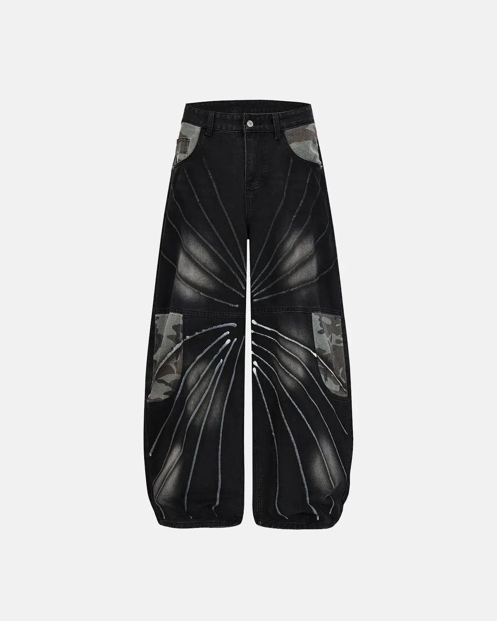 Inflation Spray Graphic Camo Barrel Jeans showing the vibrant camo pattern and relaxed fit of these streetwear pants.