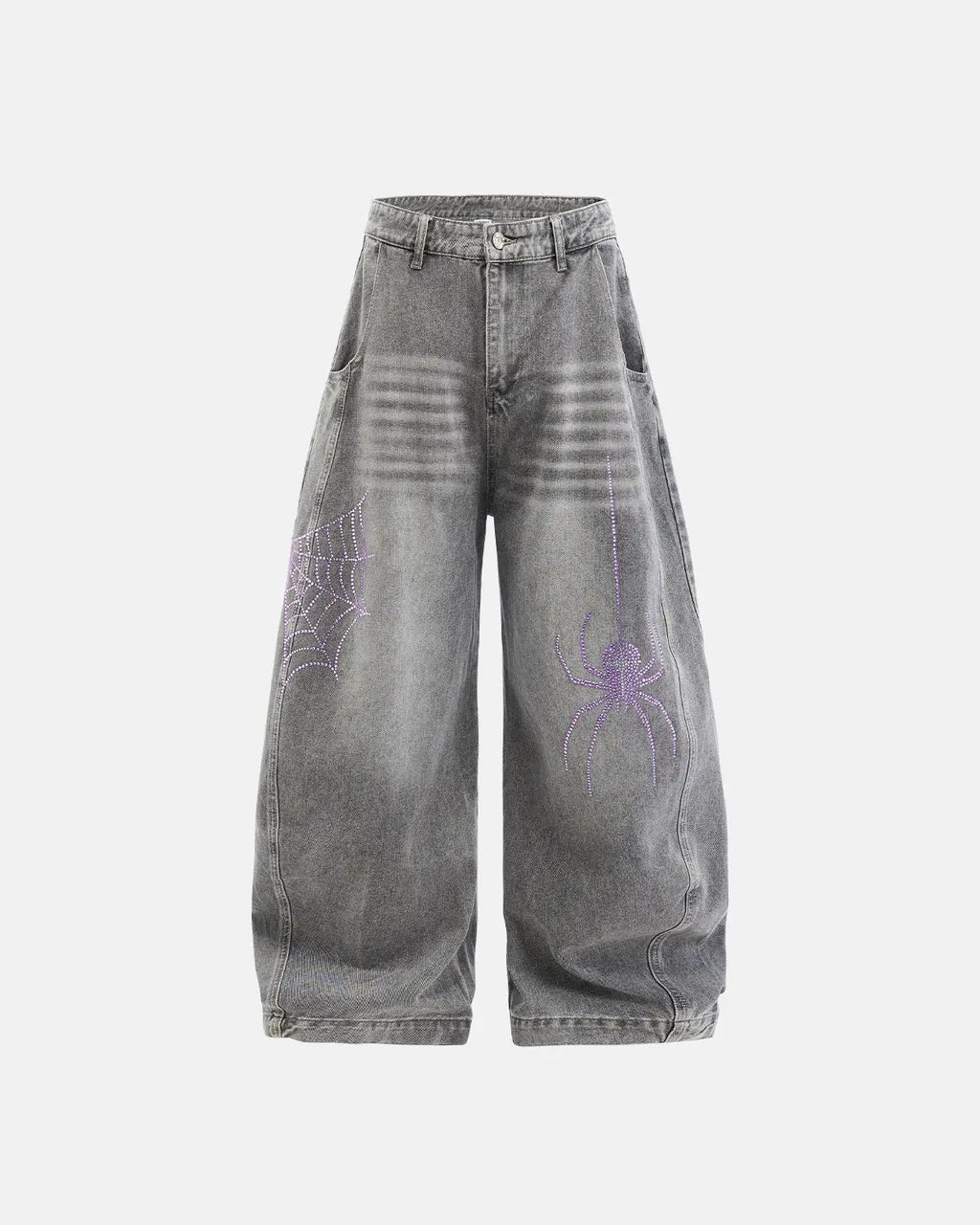 Flation Spider Graphic Rhinestone Barrel Jeans featuring a bold spider design and rhinestone accents on stylish denim pants.