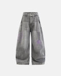 Flation Spider Graphic Rhinestone Barrel Jeans featuring a bold spider design and rhinestone accents on stylish denim pants.