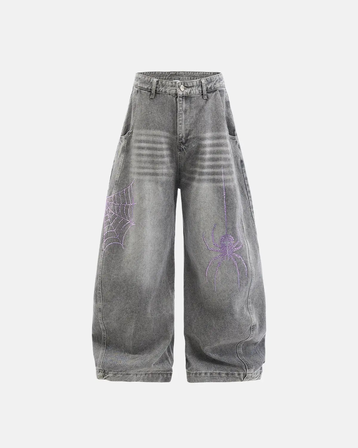 Flation Spider Graphic Rhinestone Barrel Jeans featuring a bold spider design and rhinestone accents on stylish denim pants.