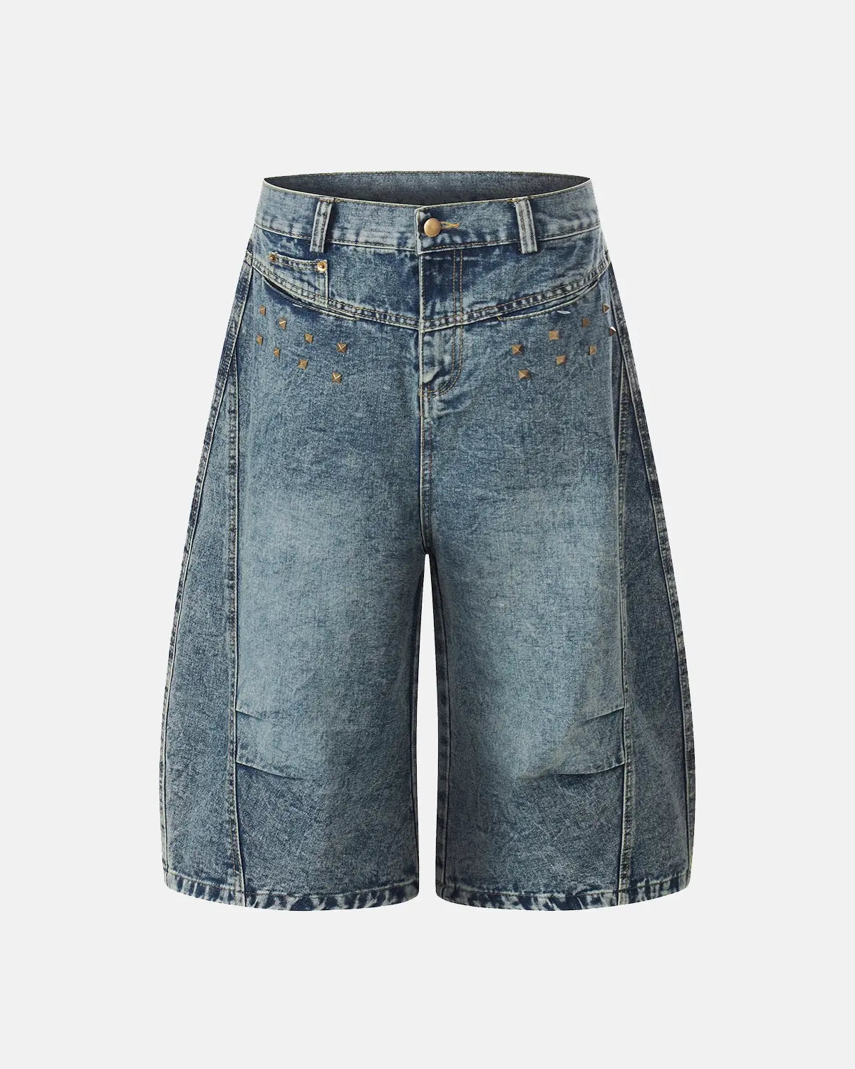 Inflation brand studded washed long baggy jorts, denim pants with distressed details and metal studs, casual streetwear style.