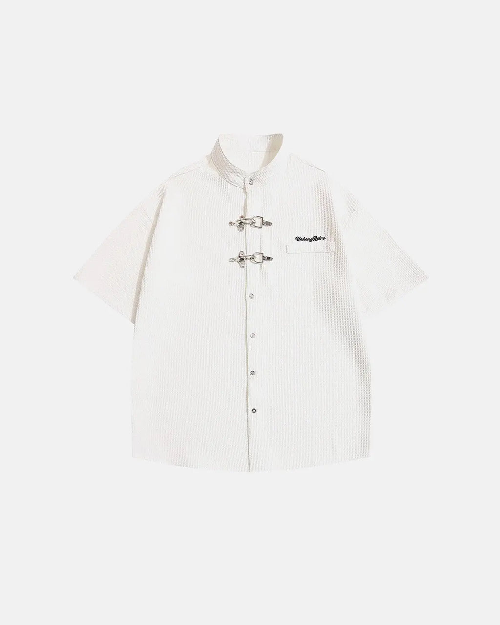 Inflation streetwear waffle shirt with metal clasp detail, casual long-sleeve shirt in textured fabric with button closure.