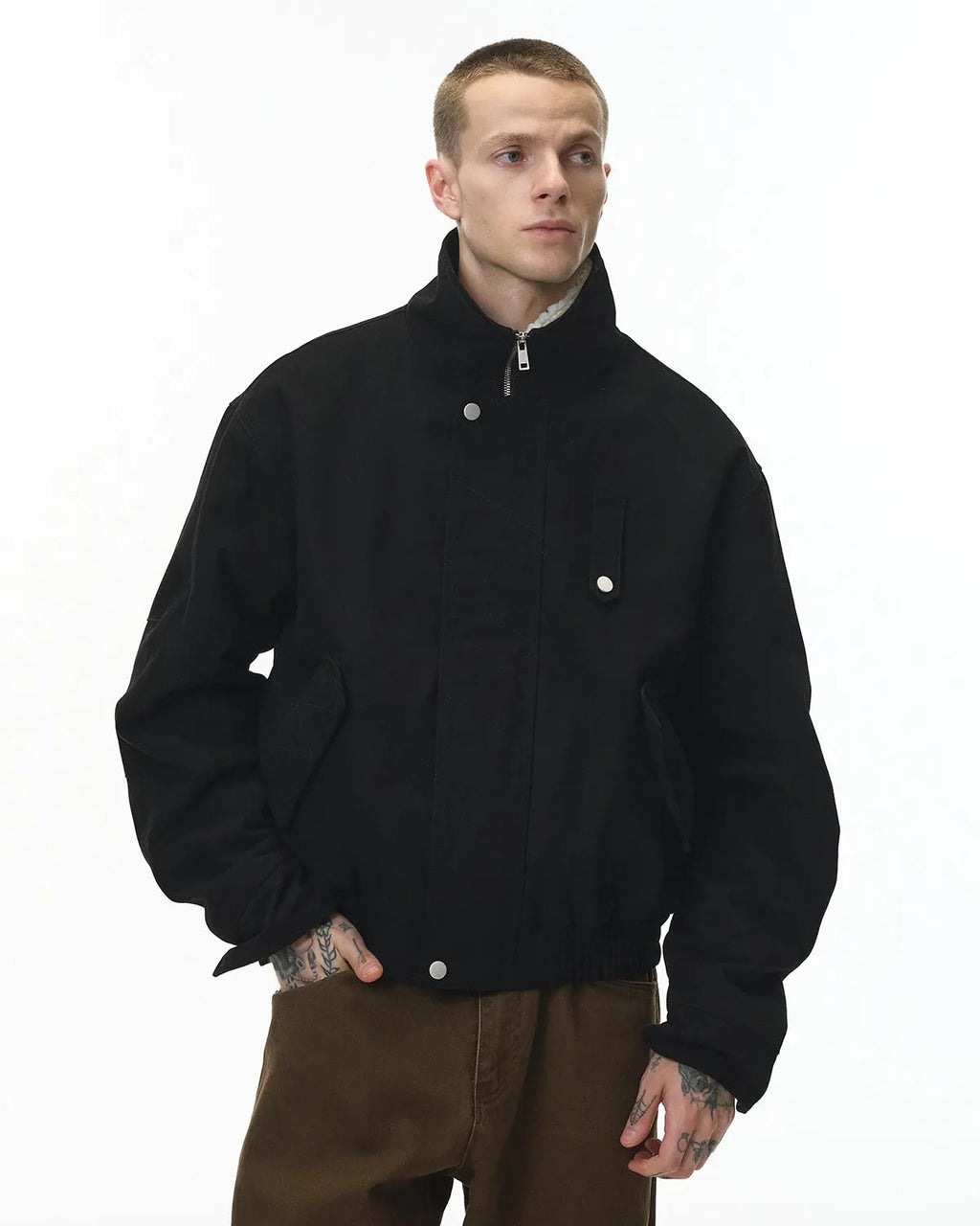 Inflation streetwear faux shearling lambswool jacket with plush lining and stylish design, suitable for casual winter wear.