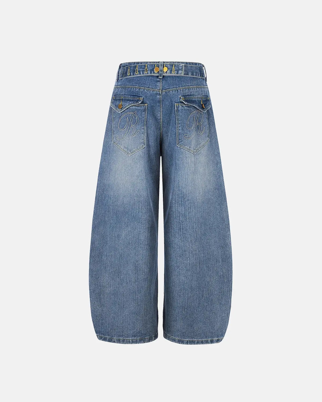 INFLATION Cinch Back Washed Bamboo Weave Baggy Jeans, relaxed-fit pants with a cinch back and bamboo-inspired woven texture.
