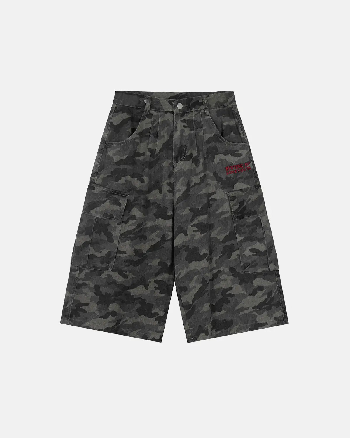 Inflation Streetwear embroidered camo cargo shorts, casual pants with green camouflage pattern and multiple pockets.