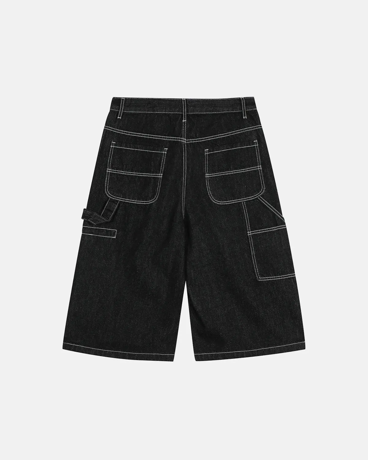 Raw denim cargo longline shorts by INFLATION, featuring multiple pockets and a relaxed fit, displayed on a hanger.