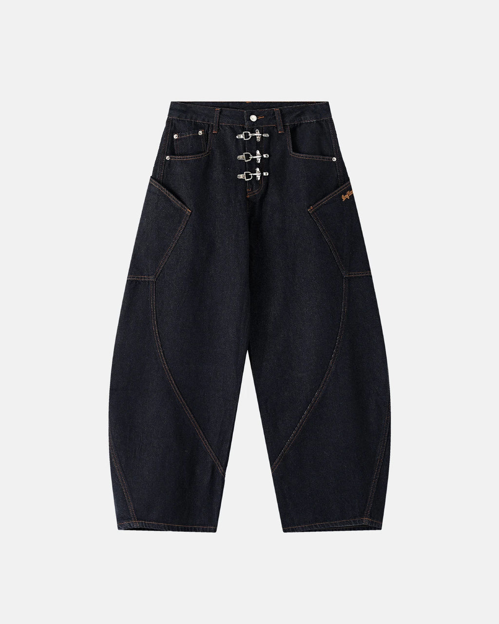 Raw barrel jeans with metal clasp details from INFLATION Streetwear, showcasing the classic denim fabric and stylish design.