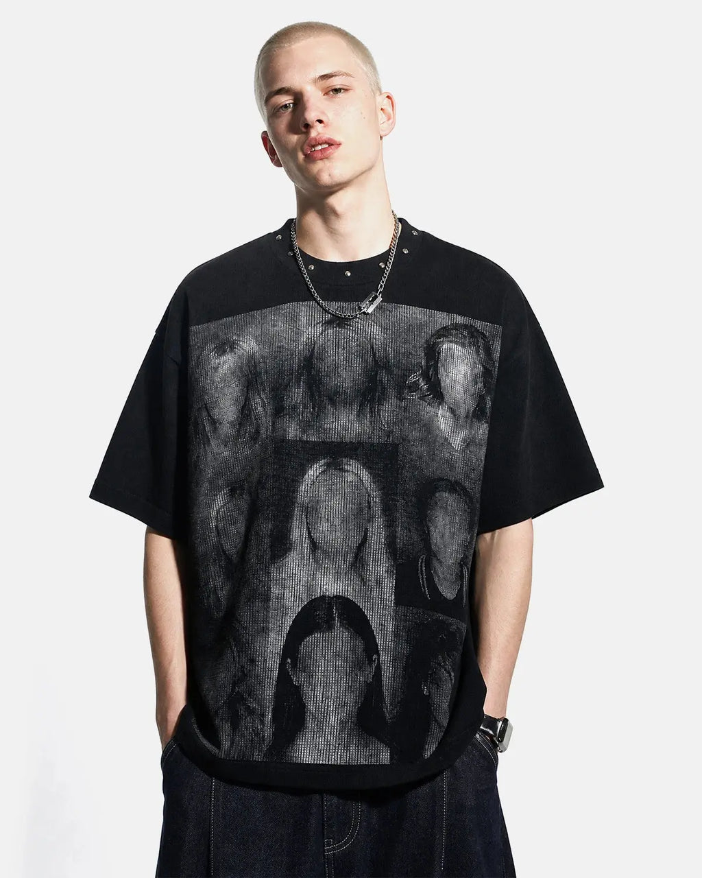 Inflation Streetwear Portrait Graphic Waffle Boxy T-Shirt in black with bold printed design, casual fit and textured waffle fabric.