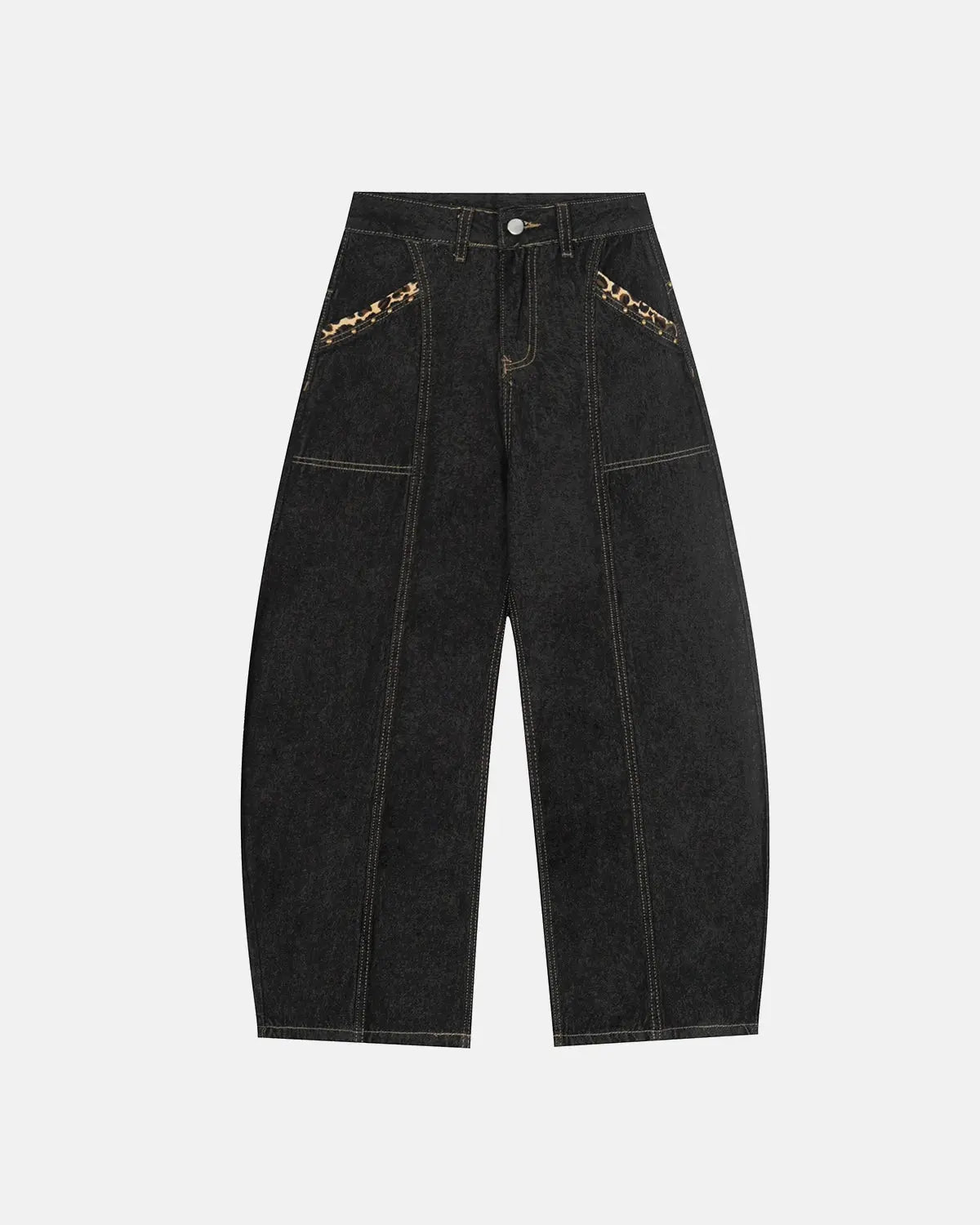 Dark blue gothic cross embroidery on stylish inflation streetwear barrel jeans with distressed details and a relaxed fit.