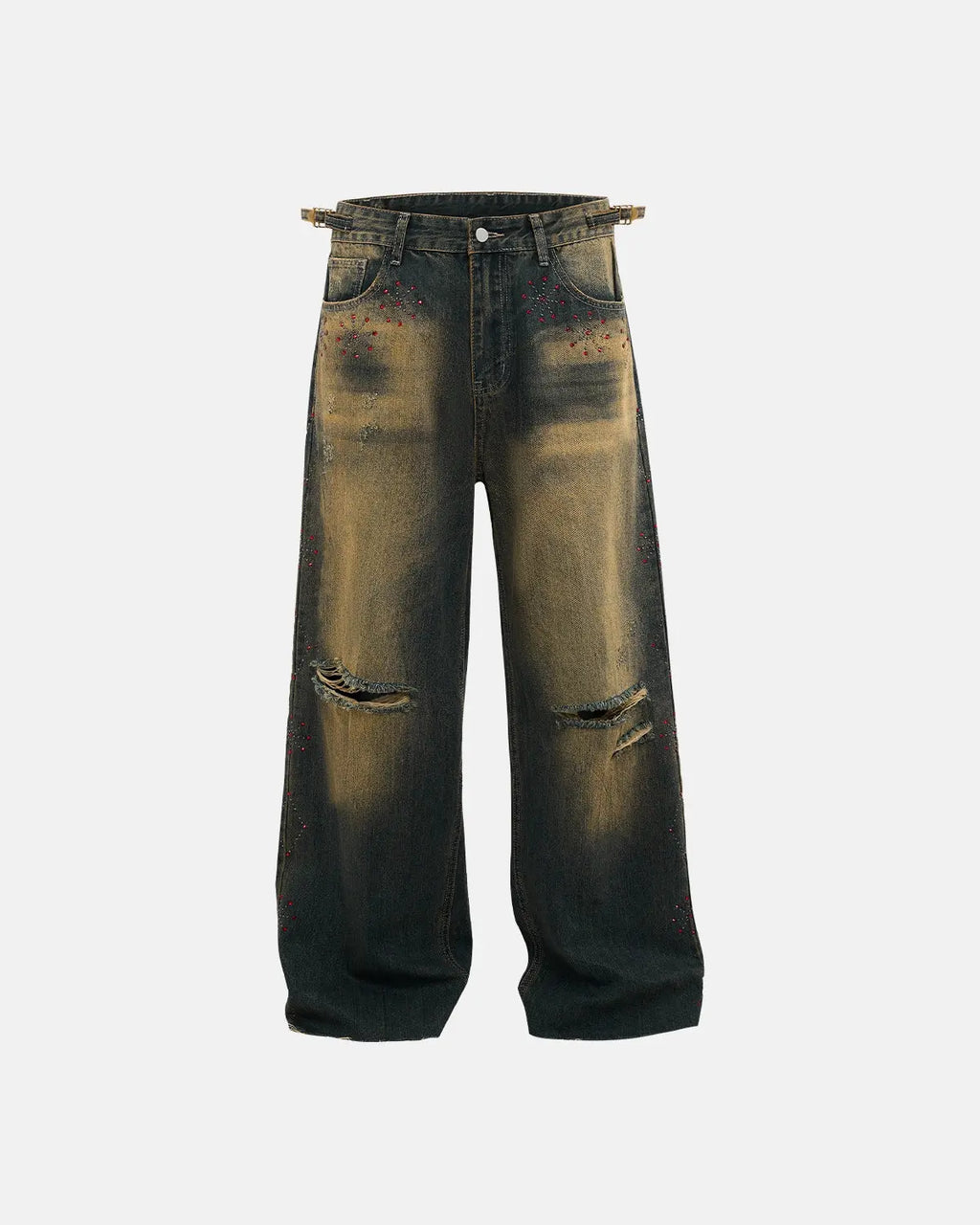 Dirty Wash Rhinestone Baggy Jeans by INFLATION, featuring distressed denim with rhinestone embellishments and a loose, relaxed fit.