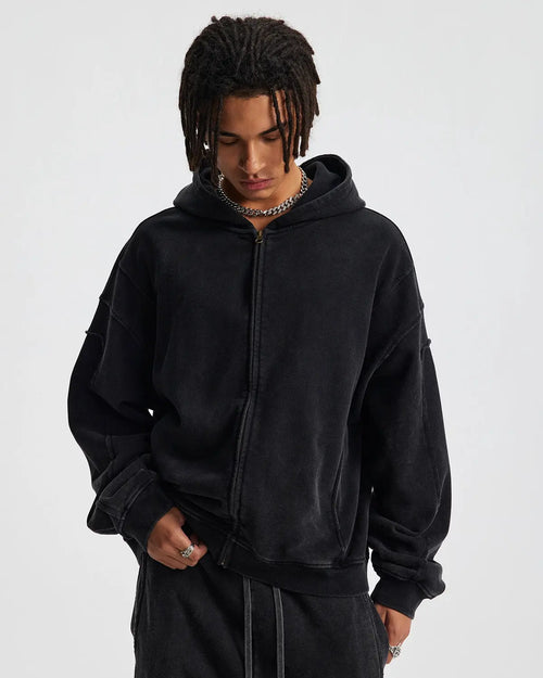 Acid wash stitching zip-up hoodie by Flation Streetwear, featuring distressed fabric and front zipper detail.