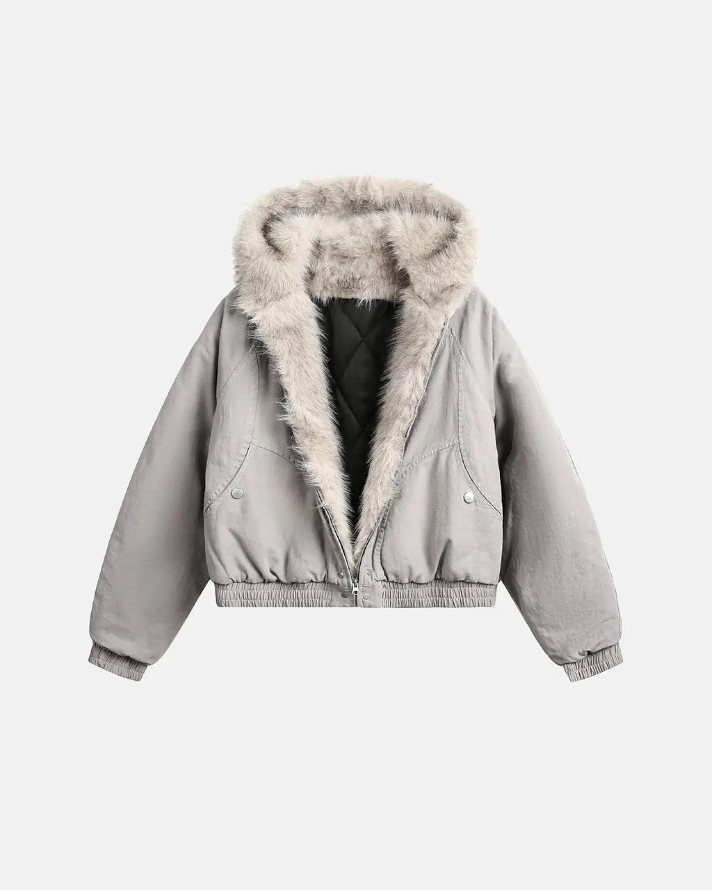 Inflation brand faux fur lined bomber jacket with hood, stylish streetwear jacket featuring a cozy fur interior and modern design.