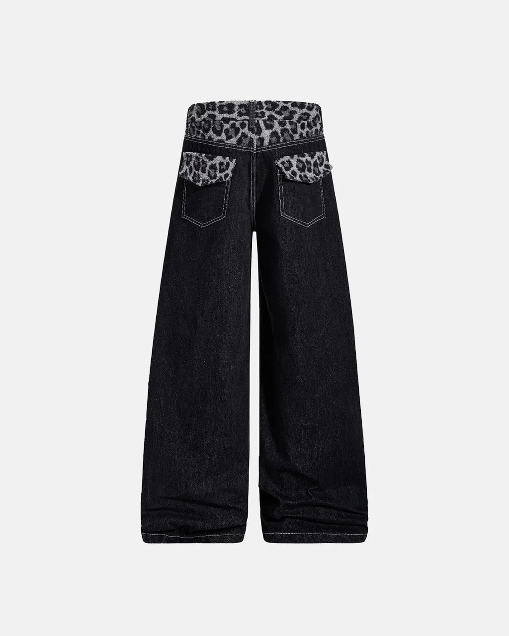 Leopard patchwork raw straight-leg jeans by INFLATION with distressed details and unique streetwear style.