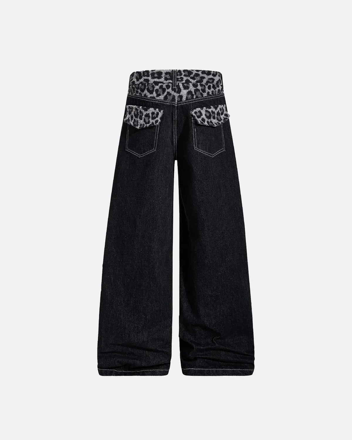 Leopard patchwork raw straight-leg jeans by INFLATION with distressed details and unique streetwear style.