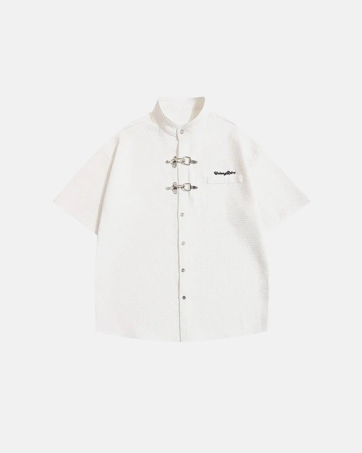 Inflation Streetwear waffle shirt featuring metal clasp detail, casual long-sleeve shirt with textured fabric and stylish hardware accents