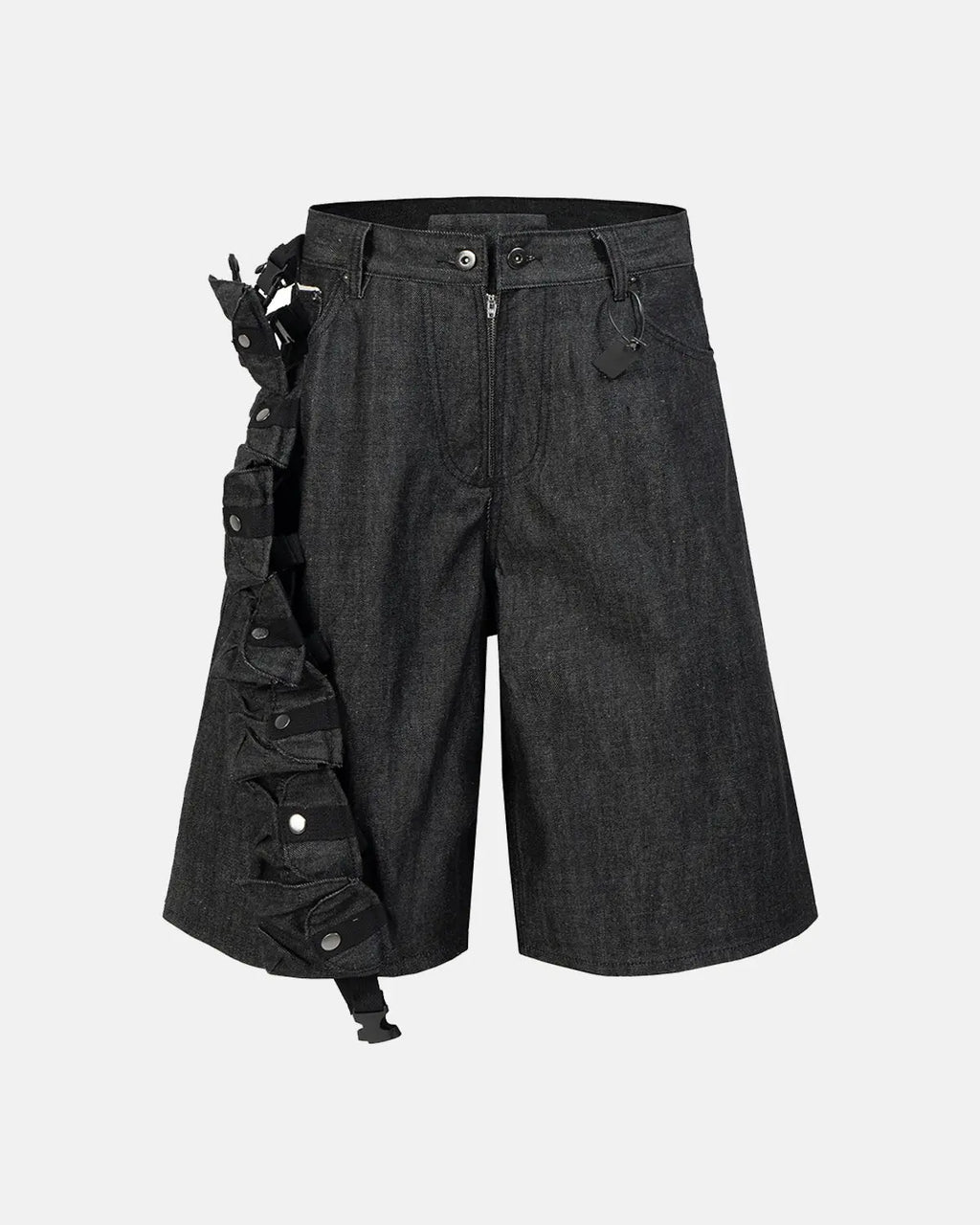 Raw denim tactical cargo jorts from INFLATION Streetwear featuring rugged design and multiple cargo pockets