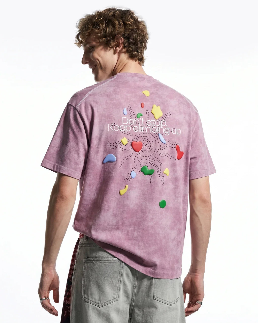 Inflation Streetwear climbing graphic puff print T-shirt with bold design, casual fit, and colorful climbing motif on front.