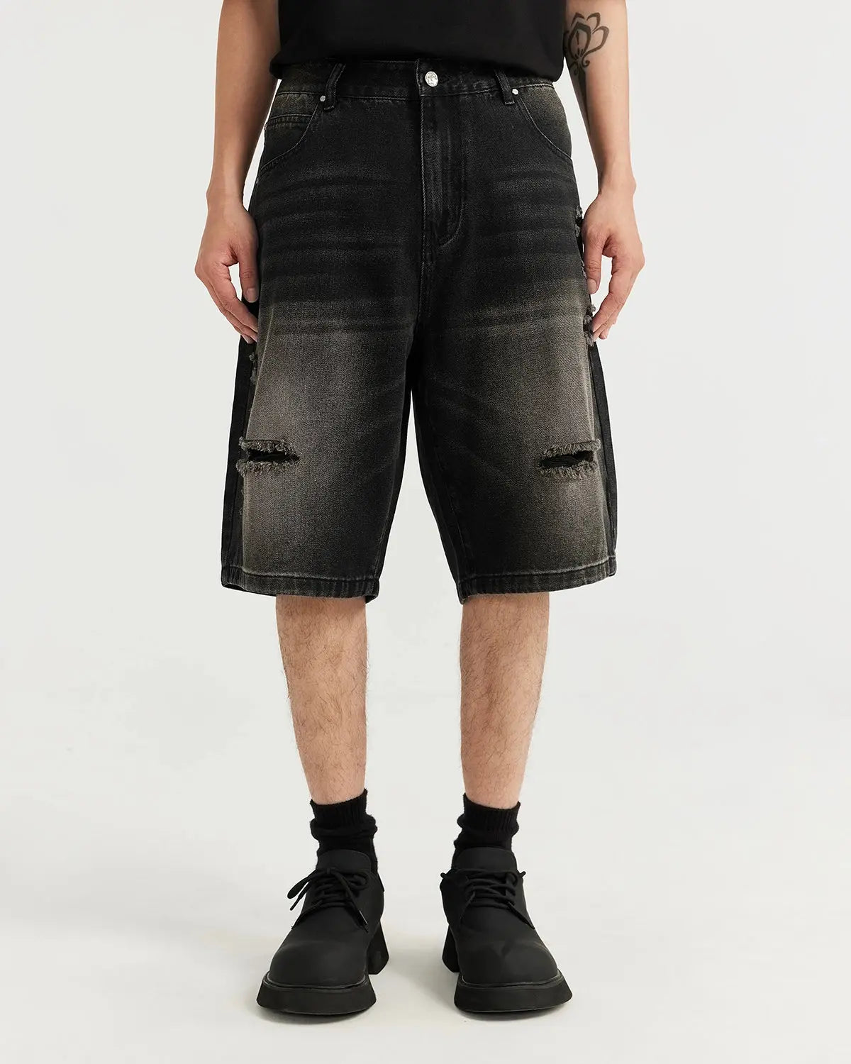 Vintage ripped washed jorts by Flation Streetwear featuring distressed denim and frayed hems, casual summer denim shorts.
