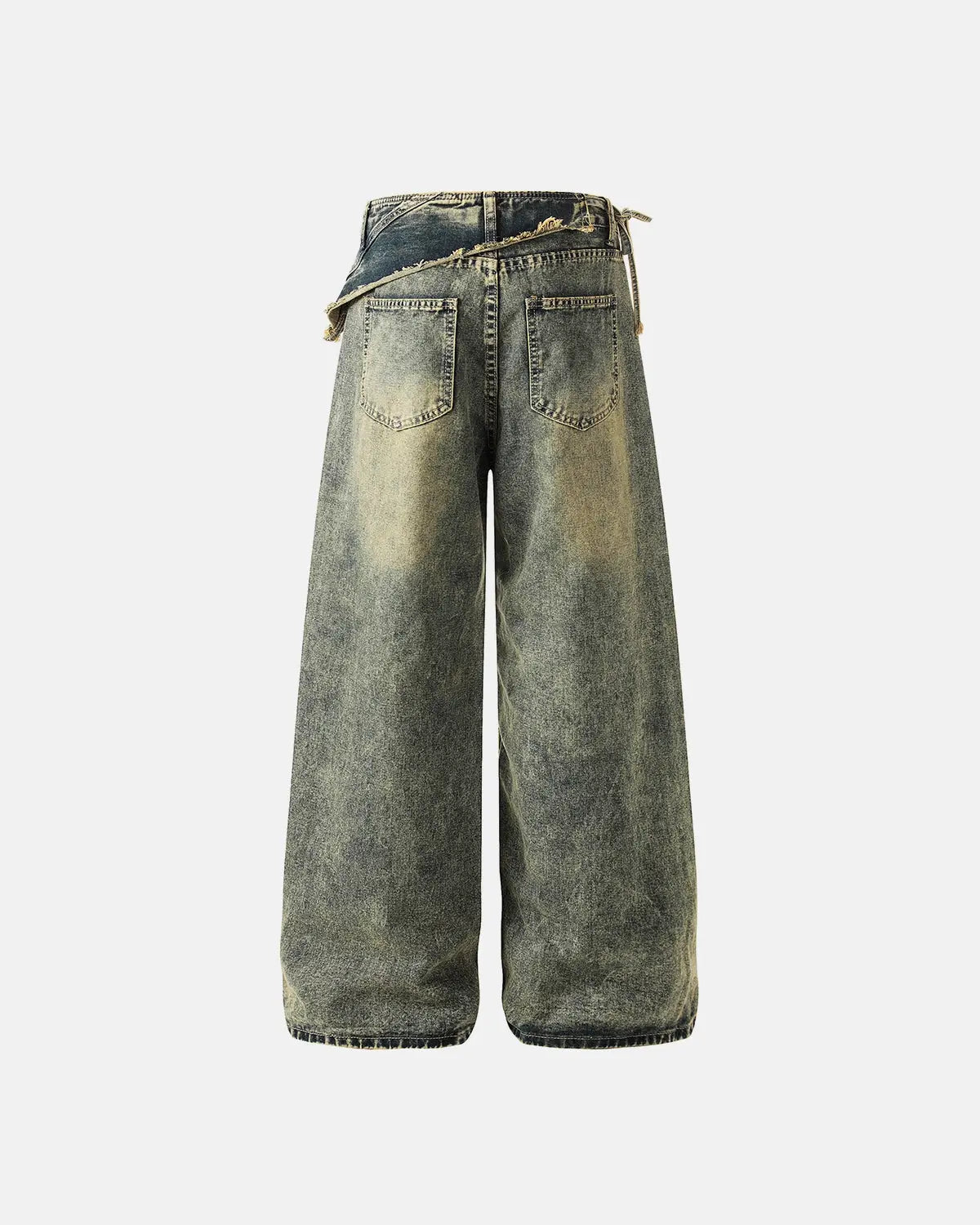 Distressed washed wide-leg denim jeans by INFLATION, featuring a relaxed fit and ripped details, displayed on a neutral background.
