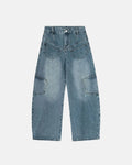 Flation Streetwear Multi Pockets Baggy Barrel Jeans with multiple cargo-style pockets and relaxed fit in denim fabric.