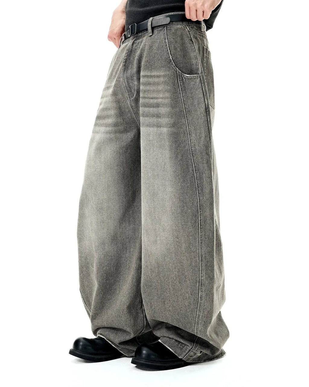 Flation Washed Barrel Baggy Jeans, relaxed fit pants with a faded wash, featuring a high waist and wide leg design.