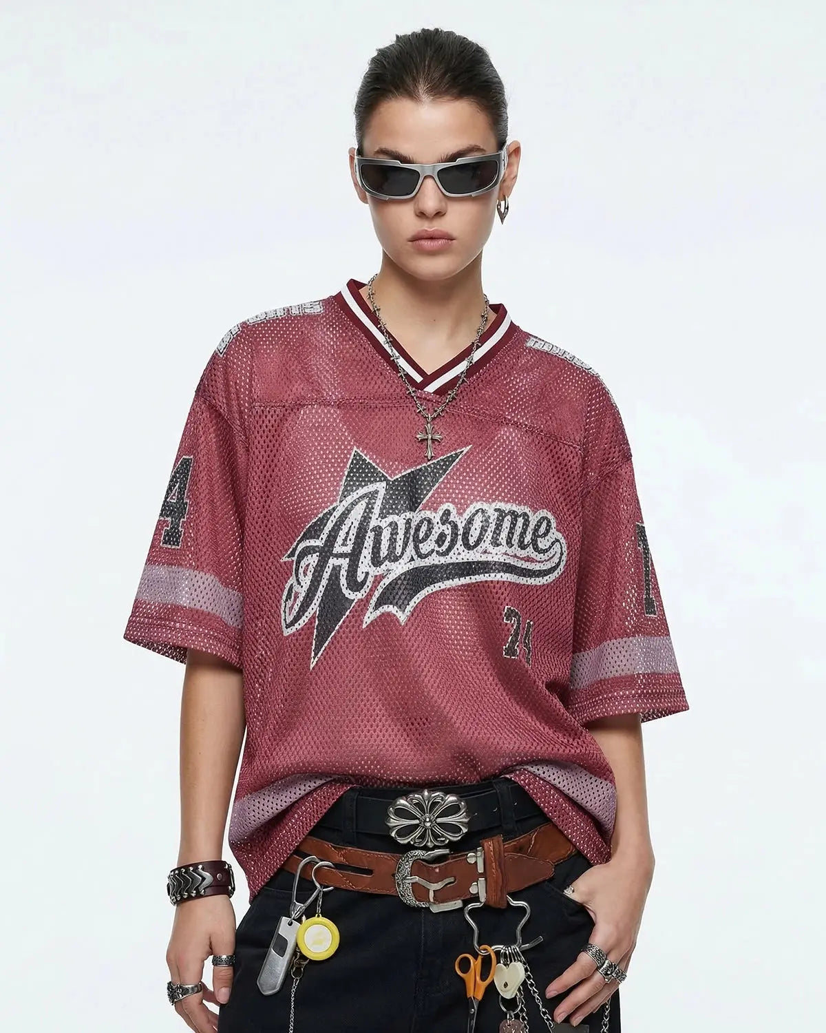 Inflation V-neck graphic mesh jersey featuring bold streetwear design, lightweight fabric, and vibrant street art print.