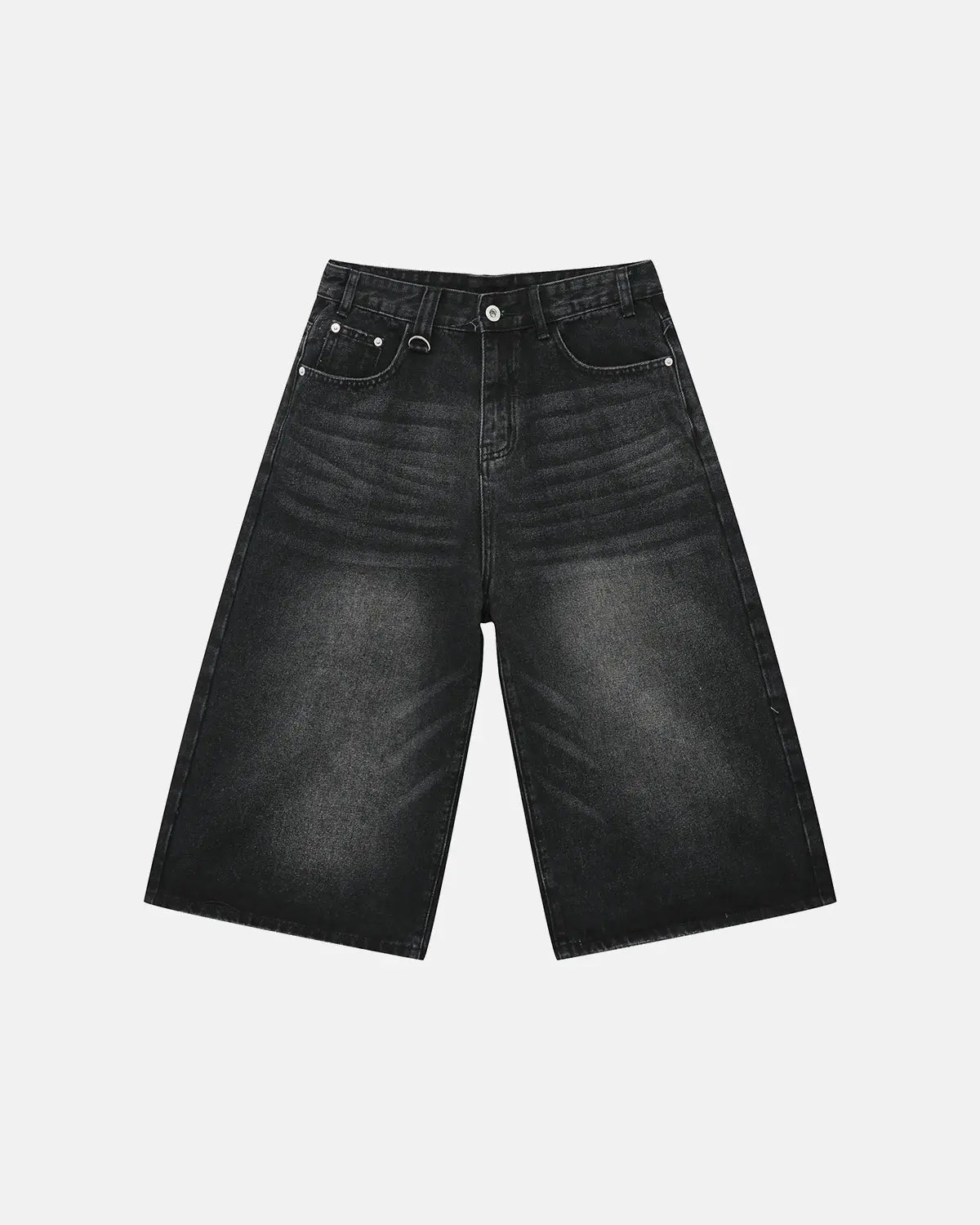 Washed baggy denim jorts by INFLATION, featuring distressed details and relaxed fit, shown on a model.