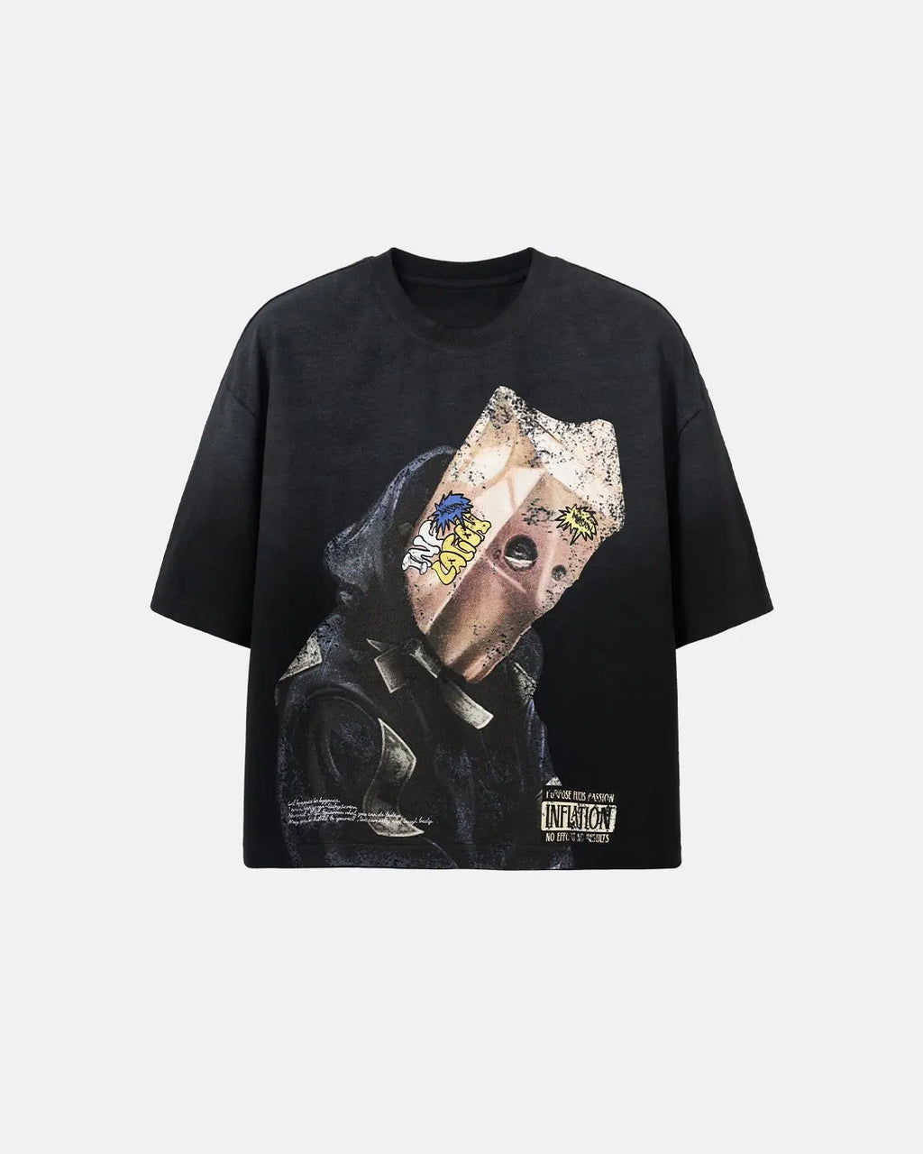 Washed boxy graphic T-shirt by INFLATION, featuring bold streetwear design and relaxed fit, displayed on a hanger.