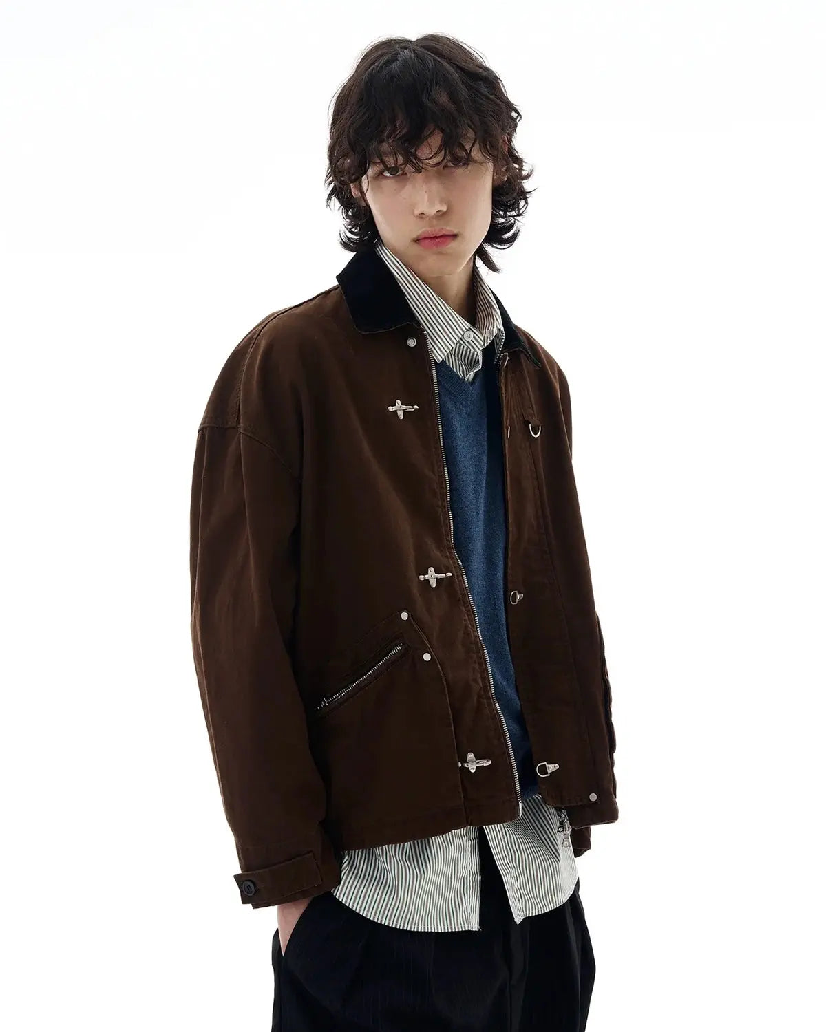 Inflation Fireman Buckle Worker Zip Up Jacket with front zipper, buckle accents, and durable fabric for streetwear style.
