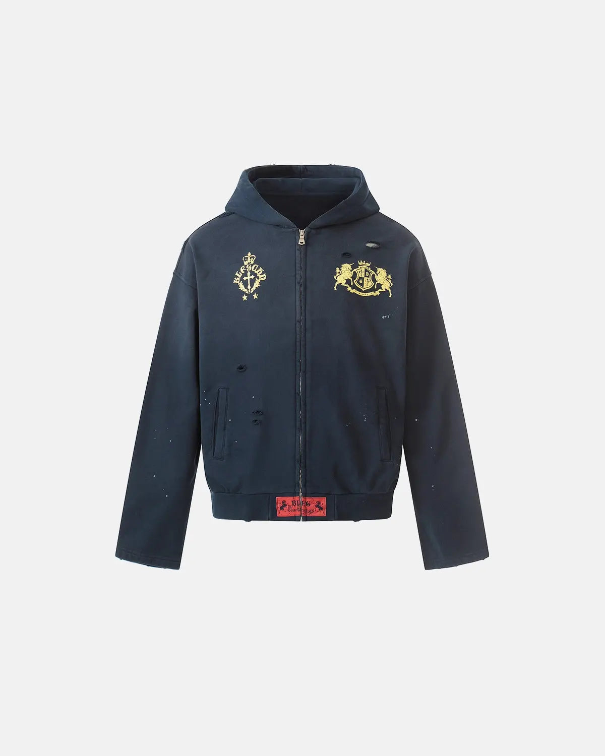 Inflation Streetwear distressed washed printed zip-up hoodie with a casual, worn-in look and vibrant graphic design.