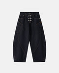 Raw barrel jeans with metal clasp detail from Inflation Streetwear, showcasing the fit and distressed denim style.